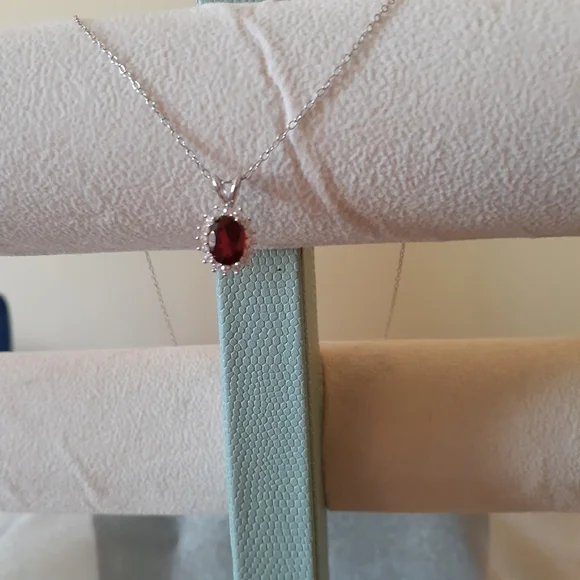 1/2 Price Marked Sterling Silver Genuine Garnet and White Topaz Pendant, Chain - Picture 12 of 12